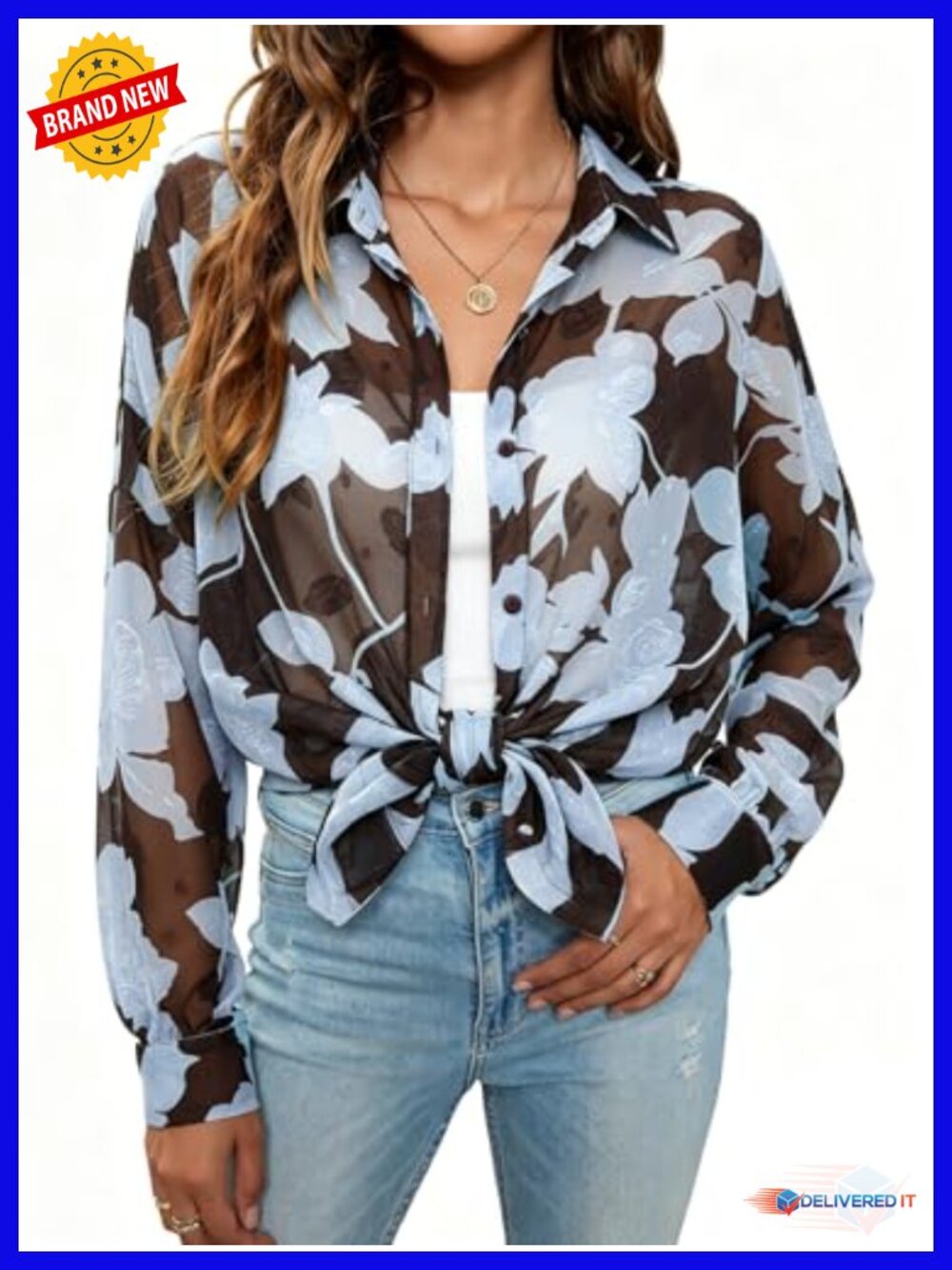 Chiffon Floral Blouse Long Sleeve Button Down V-Neck Sheer Tops